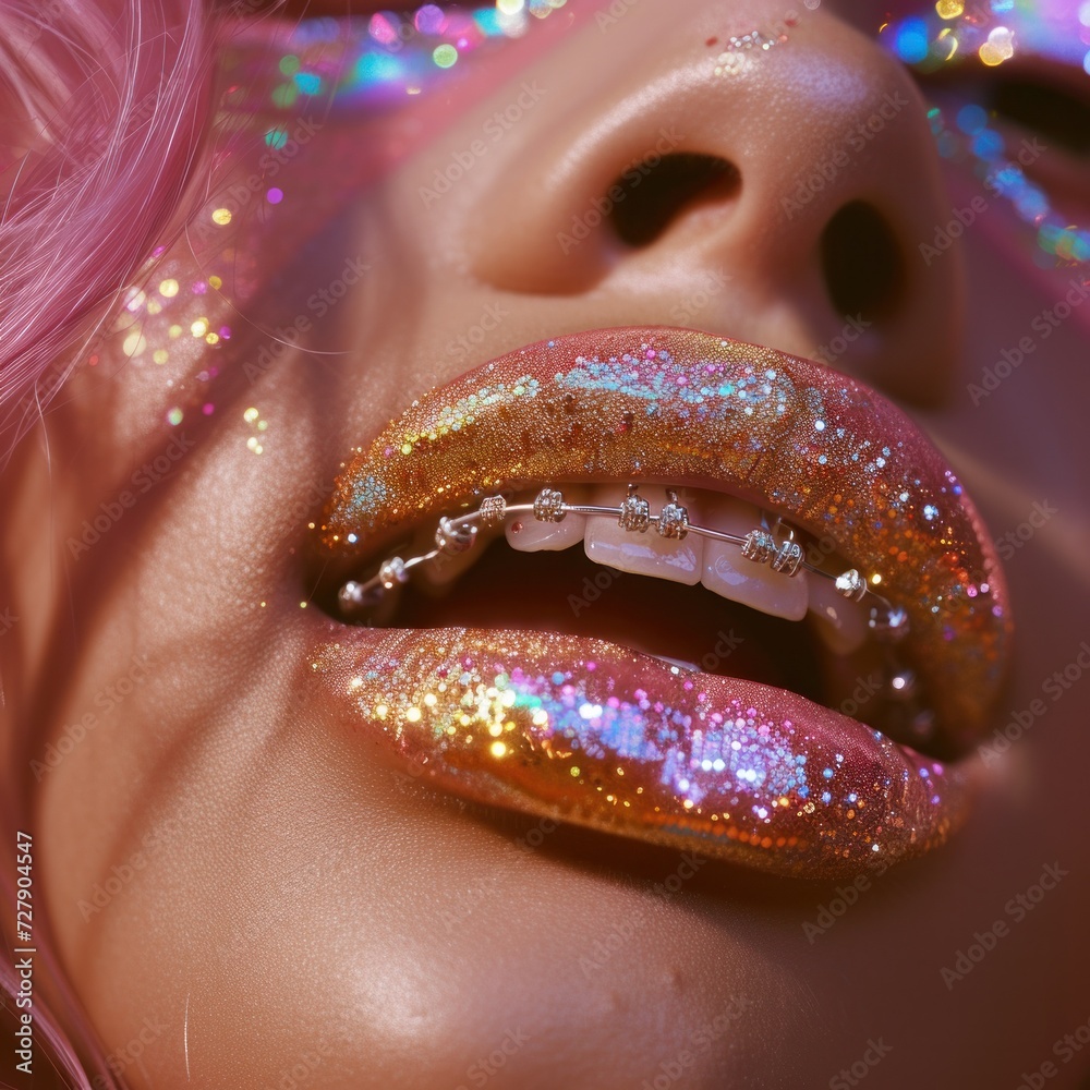 Obraz premium Extreme close-up of a woman's lips featuring glitter lipstick and orthodontic dental braces, showcasing detail