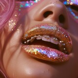 Extreme close-up of a woman's lips featuring glitter lipstick and orthodontic dental braces, showcasing detail