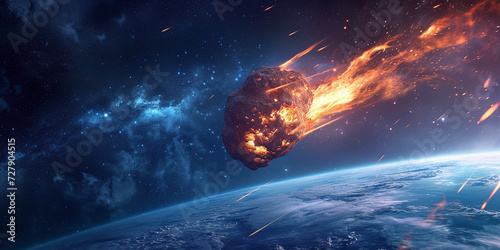 huge giant burning asteroid in space flying towards planet earth. collides with the surface