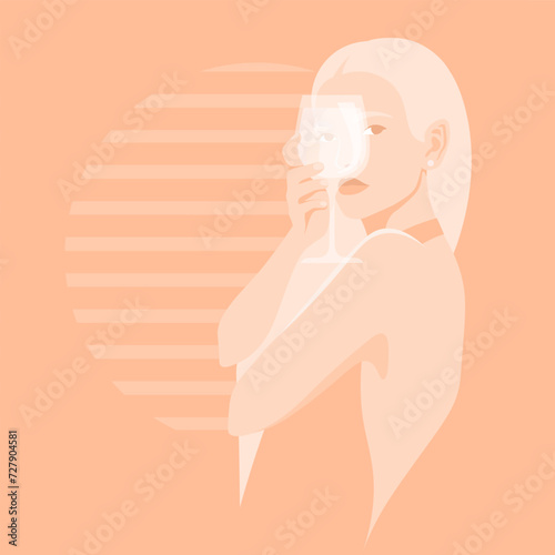Portrait of a beautiful woman with a glass of wine in her hand on the peach background with a window. Vector flat illustration