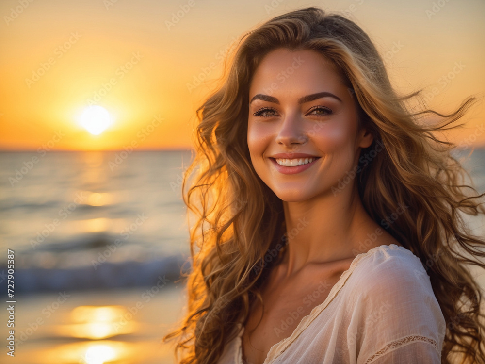 Seaside Serenity: Portrait of a Beautiful Girl by the Ocean, Radiating Beauty and Tranquility, Perfect for Coastal Vibes and Summer Inspirations, Generative AI.