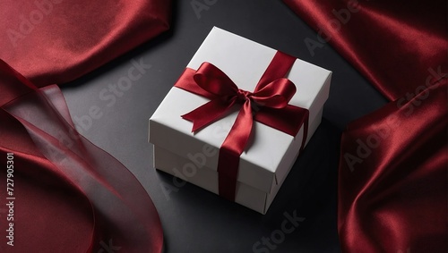 An isolated dark red background with shadows surrounds a blank white gift box that is open or shows the top of a white present box with a red ribbon bow tied.