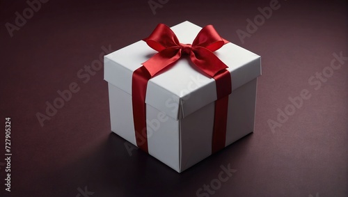 Open or top view of a white present box with a red ribbon bow tied, or a blank white gift box, isolated on a dark red background with shadows