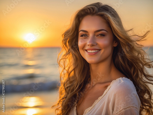 Seaside Serenity: Portrait of a Beautiful Girl by the Ocean, Radiating Beauty and Tranquility, Perfect for Coastal Vibes and Summer Inspirations, Generative AI. © spotlightstudio