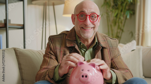 cheerful middle-aged man with glasses, inserting a coin into a pink piggy bank, symbolizing savings or investment, in a cozy home setting