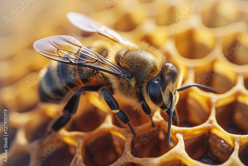 a small bee close-up sits on a honeycomb with honey on a yellow background. macro. © MK studio
