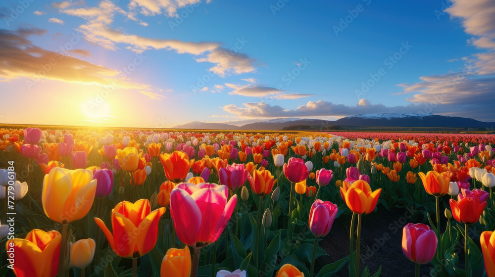 Sunset over a vibrant tulip field ideal for travel and leisure promotion showcasing the beauty and serenity of spring in a rural landscape