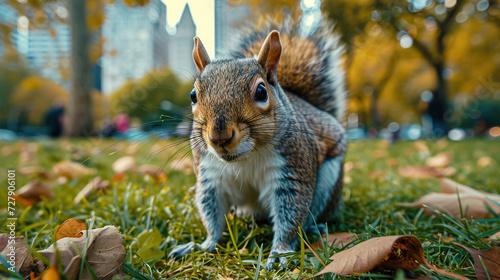Curious squirrel in a city park with autumn leaves and urban backdrop ideal for wildlife and nature themes