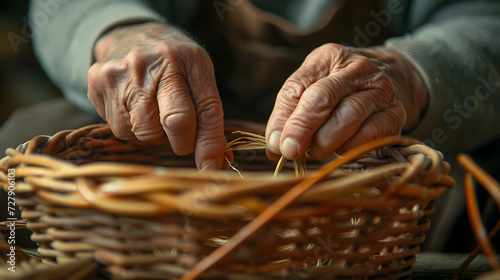 Close-up image capturing the skilled hands of an elderly person meticulously weaving a traditional wicker basket inside a craftsmans workshop photo