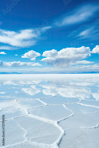 Expansive salt flats under a serene blue sky, perfect for travel and tourism, showcasing nature's untouched and tranquil beauty