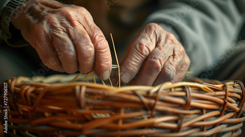 An elderly persons hands carefully work on weaving a traditional wicker basket, showcasing a timeless craft technique