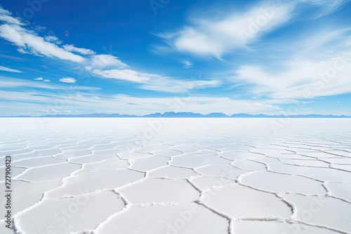 Expansive view of the serene Salar de Uyuni under a clear blue sky capturing the essence of tranquility and natural beauty perfect for travel and adventure themes