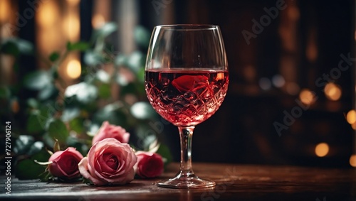 Glass of wine with red rose for romantic atmosphere