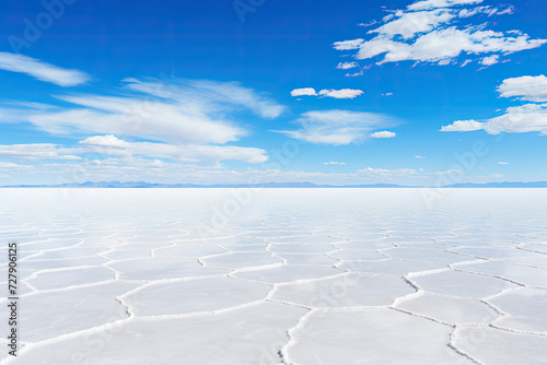 Expansive salt flats under a clear blue sky portraying vastness and tranquility for travel and adventure concepts