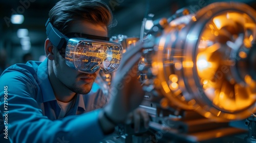 An engineer using augmented reality glasses to design a revolutionary new engine.  photo