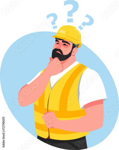 Thoughtful male worker with question mark, builder in difficult position. Stock vector illustration
