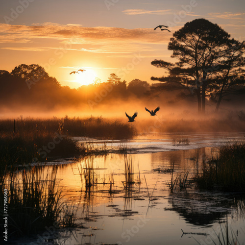 Serene sunrise over wetlands with birds in flight offering tranquility and natural beauty for wildlife conservation and nature-themed usage