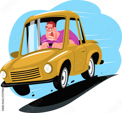 Frightened male driver driving fast in passenger car on road, dangerous situation on road. Stock vector illustration
