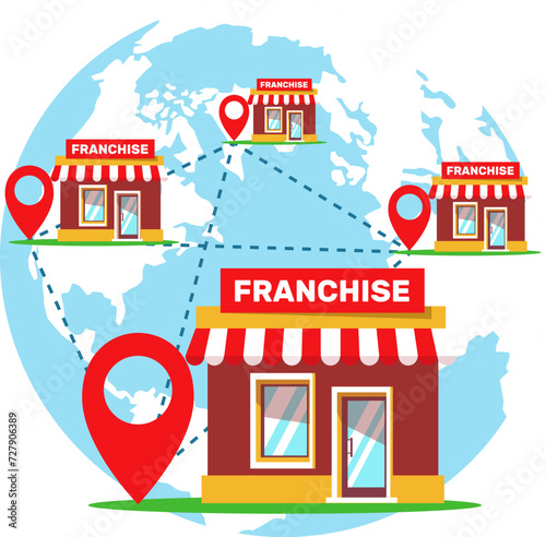 Concept of expanding small and medium-sized business model, chain stores, franchise systems around the world. Stock vector illustration