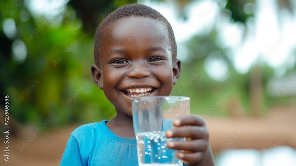Happy african boy holding a glass of clean drinking water Happy african boy holding a glass of clean drinking water