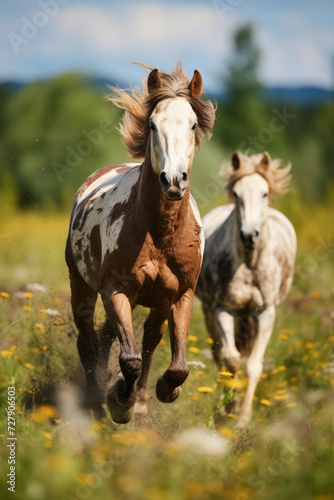 Two wild horses running in a vibrant sunny meadow depicting freedom and wildlife beauty suitable for nature themes or equine industry