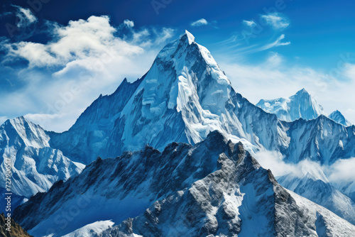 Majestic mountain peak covered in snow with serene blue sky suitable for travel and nature exploration themes
