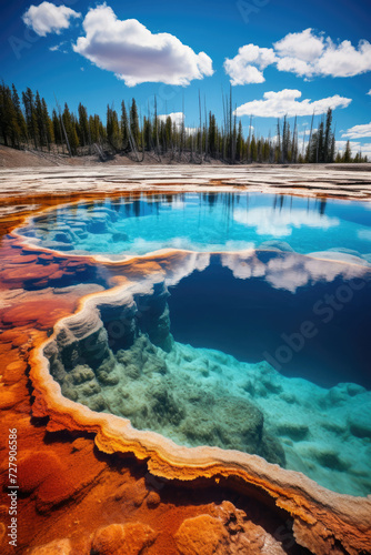 Travel and tourism banner of a vibrant hot spring in Yellowstone with clear blue waters and orange mineral deposits reflecting a sunny sky