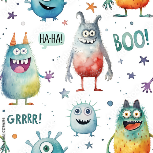 Watercolor seamless pattern with whimsical monsters with cheerful expressions and phrases isolated on white background.