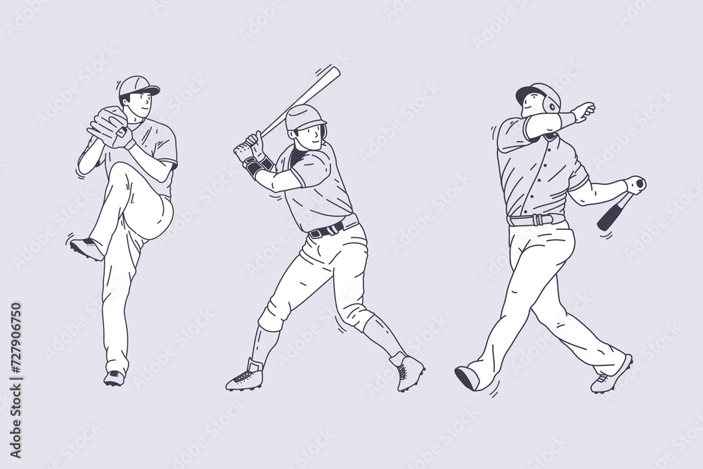 Set of outline illustrations of baseball players Set of outline illustrations of baseball players