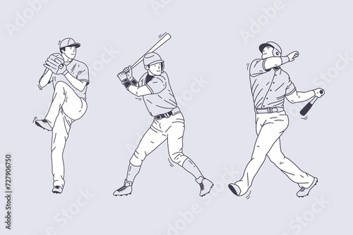 Set of outline illustrations of baseball players