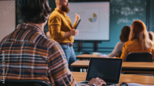 classroom setting where an individual is giving a presentation