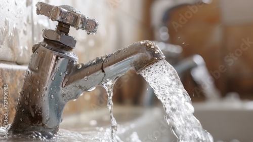 Water pouring down from the broken steel tap