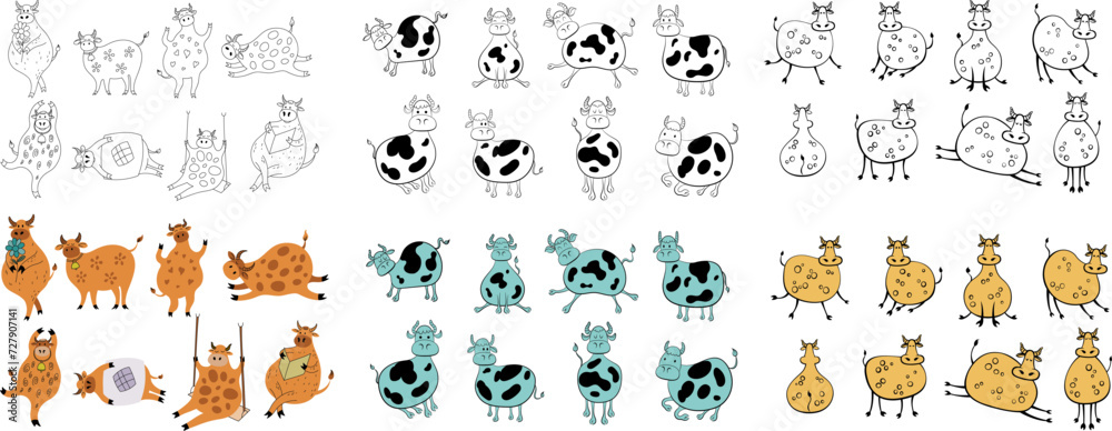 Set of cute doodle cartoon cows on white background. Animal illustration collection. Set of cute doodle cartoon cows on white background. Animal illustration collection.