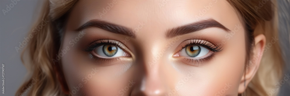 Fototapeta premium Beautiful face of young caucasian girl with natural make-up, perfect skin and brown eyes isolated. Studio portrait. Portrait of beautiful young brunette woman with smooth skin isolated on dark