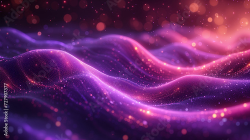 Journey through a digital landscape with a dynamic purple particle wave and shining dots, crafting a captivating abstract wallpaper. Backdrop concept.