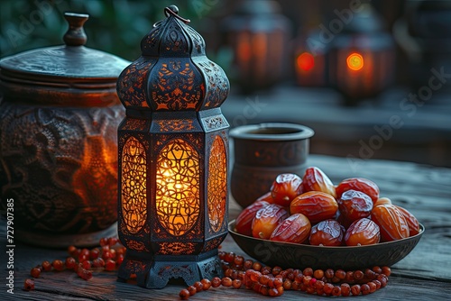 Dates, arabic lamps and rosary islamic holidays decoration