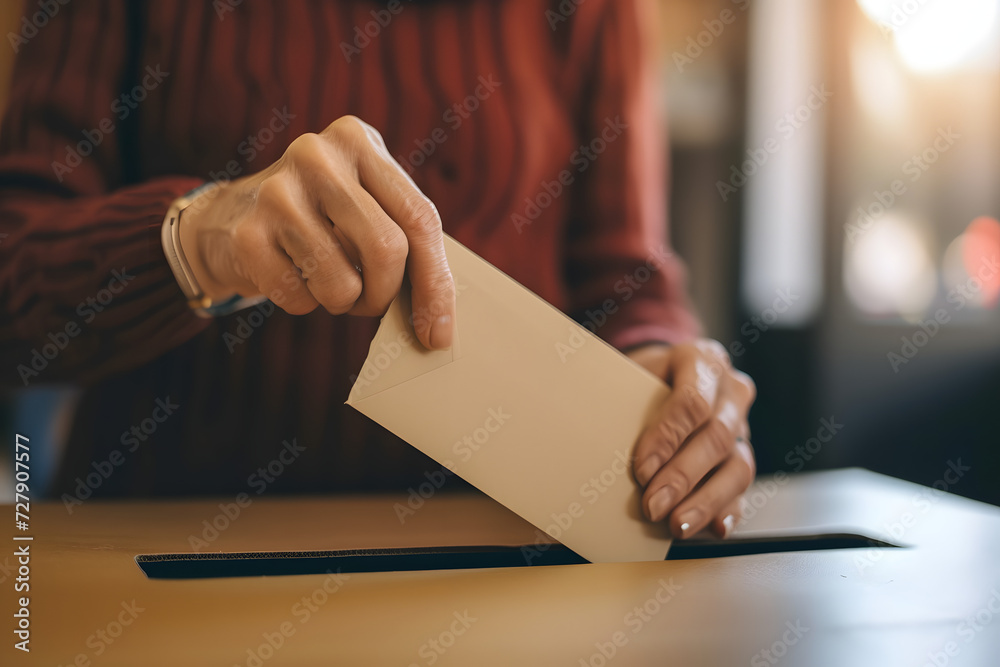 Voter holds envelope in hand for election, ballot paper, freedom and democracy Voter holds envelope in hand for election, ballot paper, freedom and democracy