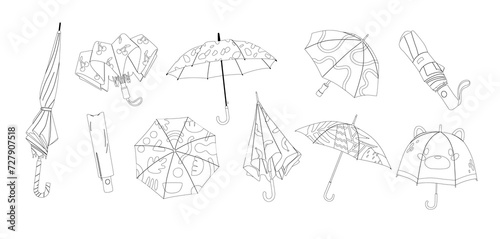Umbrellas Outline Monochrome Vector Icons Set. Portable, Collapsible Devices Designed To Shield From Rain Or Sunlight