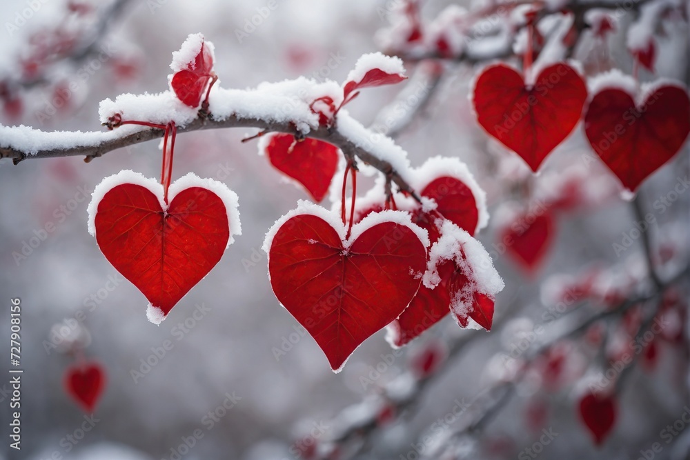 Red hearts on snowy tree branches in winter Red hearts on snowy tree branches in winter