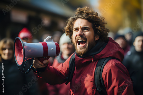 Dynamic Activist Proclaiming with MegaphoneDynamic image of a young activist proclaiming his message through a megaphone, ideal for representing advocacy, public speaking, and social movements.