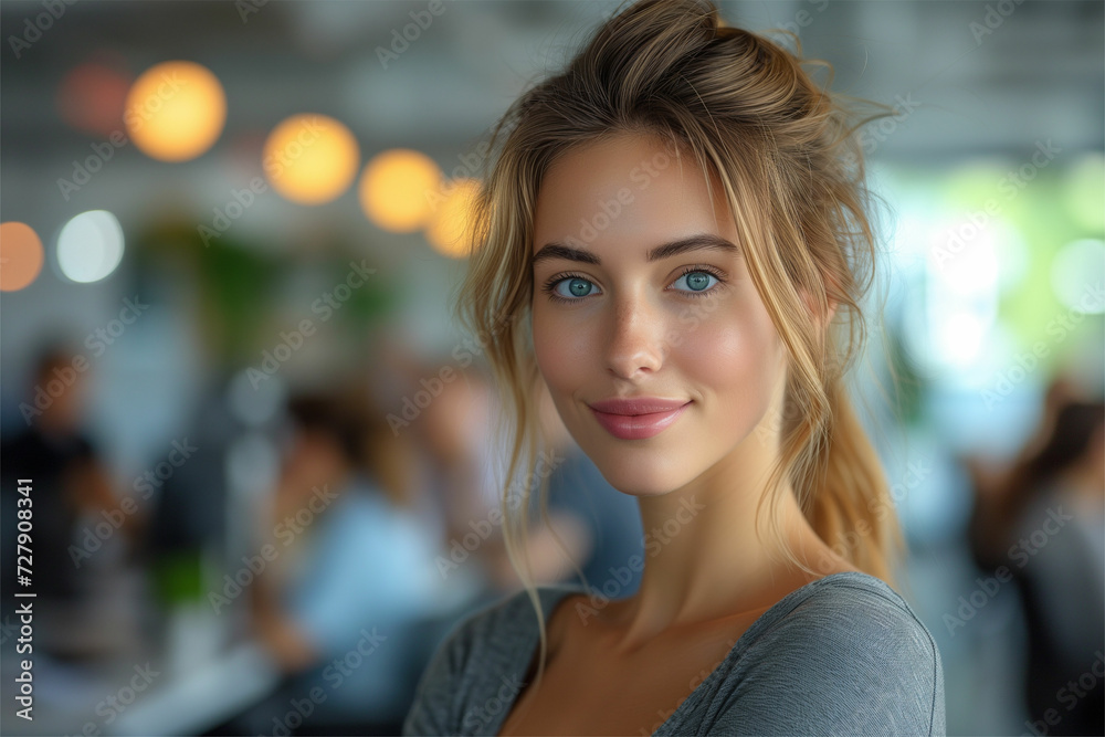 Capturing modern professionalism: business individuals in casual attire within a contemporary office, framed by a stylish blurred bokeh background.
