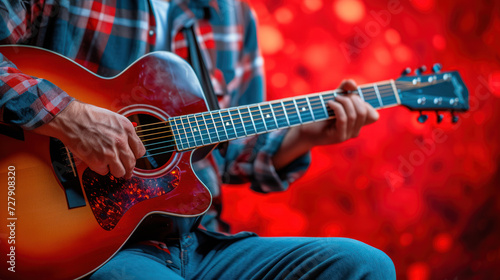 Close-up of hands strumming a guitar.