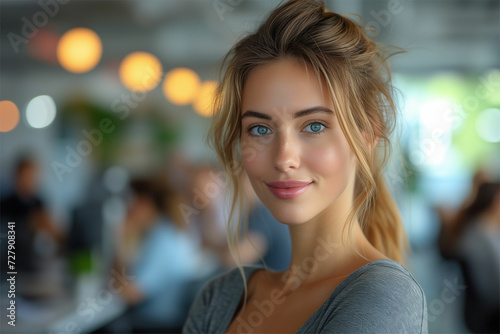 Capturing modern professionalism  business individuals in casual attire within a contemporary office  framed by a stylish blurred bokeh background.