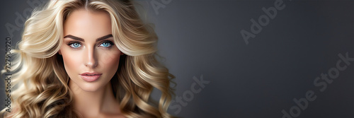 Blonde Woman Portrait with blue eyes and Healthy Long Shiny Wavy hairstyle posing on grey background. Volume shampoo. Blond Curly permed Hair and bright makeup. Beauty salon and haircare concept