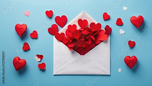 Valentine day greeting concept, Envelope and red hearts on blue background top view, Flat lay