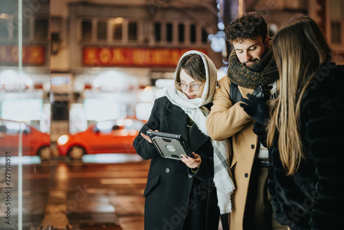 Focused young adults collaborating with digital tablet on an urban street at evening. Concept of teamwork and modern lifestyle.