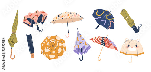 Vector Set of Umbrellas, Portable, Collapsible Devices Designed To Shield From Rain Or Sunlight. Consist Of Canopy