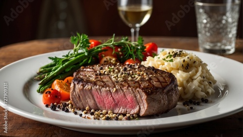 Peppercorn crusted sirlon steak in plate with side dish