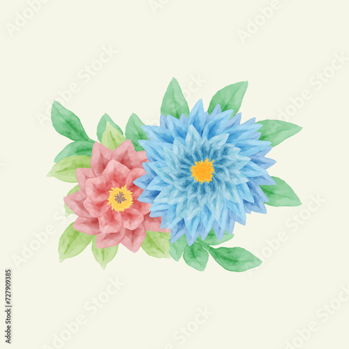 Watercolor flower and leaves vector illustration