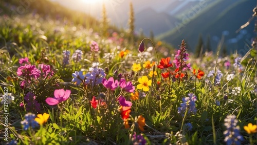 Colorful spring flowers in the sun, with mountain background  © Nurul